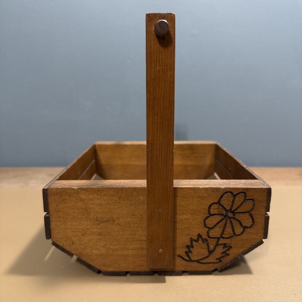 Vintage Wooden Basket Open Weave Wood Crate Flower Burned On Side Table Decor